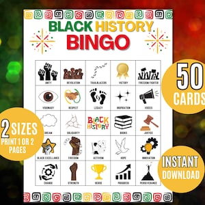 Black History Bingo, Black History Month bingospel, educatief, geschiedenis, afdrukbaar, schoolactiviteit, groepsspellen, 50 kaarten + visitekaartjes