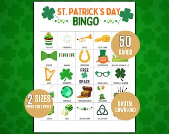 Printable St. Patrick's Day Bingo Game – 50 St. Patrick's Day Bingo Festive Family Party Game, Classroom Activity, Kids Activity