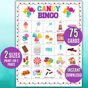 Candy Bingo, 75 Printable Candy Bingo Cards, Sweet Treats Bingo, Candy Activity, Candy Party Game, Candy Themed Birthday Party, Candy Bingo