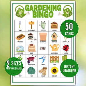 Gardening Bingo Printable, 50 Bingo Cards with Garden Icons, Planting Game, Spring Activity, Kids Gardening Party Game