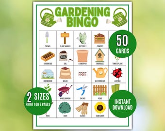 Afdrukbare bingo tuinieren, 50 bingokaarten met tuinpictogrammen, plantspel, lenteactiviteit, kinderfeestje tuinieren