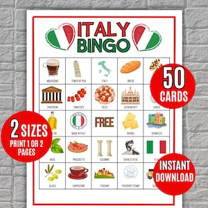 Bingo da Itália, 50 cartões de bingo para viagens de férias na Itália, jogo de bingo para viagens, bingo italiano, atividade de viagem, jogo de festa na Itália, atividade na Itália