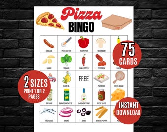 Juego de bingo de pizza, 75 tarjetas de bingo imprimibles para fiestas de pizza, juego de bingo con temática de pizza, actividad de pizza, juego de bingo para niños, temática de pizza