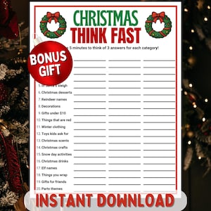 Può includere: Un foglio di gioco natalizio stampabile con il titolo "Christmas Think Fast" in verde e rosso. Il foglio include categorie come "Regali sotto i 10 €" e "Artigianato natalizio". Un cerchio rosso con "Bonus Gift" è a sinistra. Le parole "Instant Download" sono in basso.
