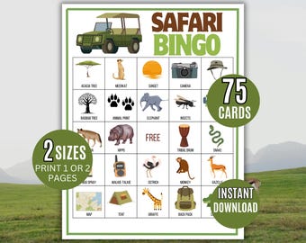 Safari Bingo, 75 Printable Safari Bingo Cards, Jungle Adventure Game, Animal Party Activity, Kids Safari Game, Zoo Bingo Printable