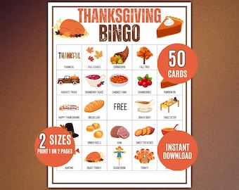 Puede incluir: Tarjeta de juego de Bingo de Acción de Gracias con ilustraciones de elementos temáticos de otoño como un pavo, pastel de calabaza y cuerno de la abundancia. La tarjeta incluye el texto "Thanksgiving Bingo", "50 Cartas", "2 Tamaños" y "Descarga instantánea".