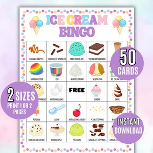 Bingo del gelato, 50 carte stampabili, Cartelle del bingo sociale del gelato, Stampabili per bambini, Bingo del gelato, Gioco del gelato per feste estive, Bingo del gelato