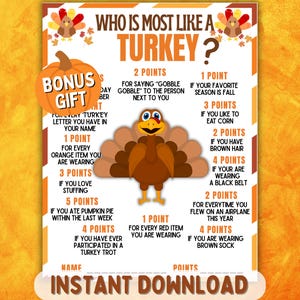 Könnte beinhalten: Eine druckbare Spielkarte zum Thema Thanksgiving mit dem Titel "Wer ist der Truthahn am ähnlichsten?" mit einer Cartoon-Truthahn-Illustration. Das orange-braune Design enthält punktbasierte Fragen und den Text "Sofort-Download."