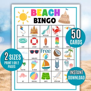 Bingo de playa, 50 tarjetas de bingo imprimibles para días de playa, imprimible para niños, juego de fiesta de verano, actividad de bingo, juego de verano, bingo de vacaciones de verano en la playa
