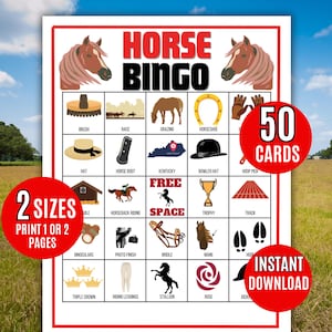 Bingo hippique, 50 cartes de bingo de course de chevaux imprimables, jeu de société Derby du Kentucky, activité de jeu de derby, bingo de course de chevaux, course de chevaux