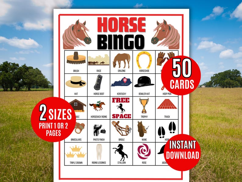 Horse Bingo, 50 Printable Horse Race Bingo Cards, Kentucky Derby Party ...