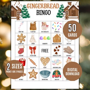 May include: Gingerbread Bingo game card with festive illustrations of gingerbread houses, cookies, and baking items. Includes the text "Gingerbread Bingo", "50 Cards", "2 Sizes", and "Digital Download".