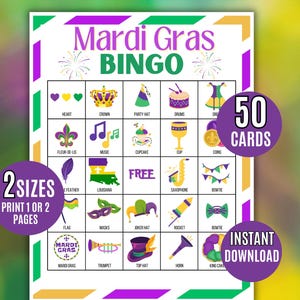 Bingo de Mardi Gras, 50 tarjetas de bingo de Mardi Gras, juego de bingo de Mardi Gras imprimible, actividad con temática de Mardi Gras, juego de bingo familiar, actividad de bingo