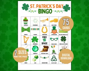 Printable St. Patrick's Day Bingo Game – 75 St. Patrick's Day Bingo Festive Family Party Game, Classroom Activity, Kids Activity