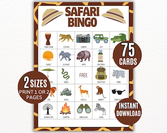 May include: Safari Bingo game with safari-themed illustrations, including animals, a jeep, and a camera. The game includes 75 cards and is available in 2 sizes. The words "Safari Bingo", "75 Cards", and "Instant Download" are displayed.
