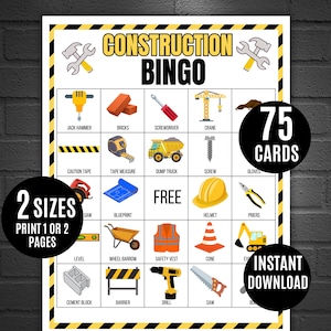 Construction Bingo, 75 Printable Construction Bingo Game, Construction Birthday Party, Construction Theme, Construction Birthday Activity