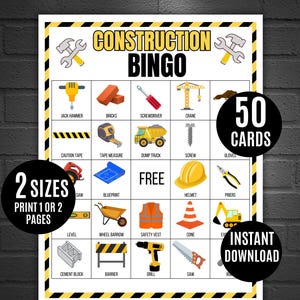 Construction Bingo, 50 Printable Construction Bingo Game, Construction Birthday Party, Construction Theme, Construction Birthday Activity