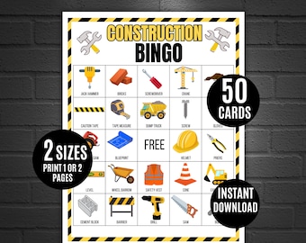 May include: Construction Bingo game featuring construction-themed illustrations. The game includes 50 cards and is available in 2 sizes. The words "Construction Bingo" are at the top, with "Instant Download" at the bottom.