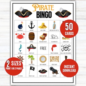 May include: Pirate Bingo game with illustrations of pirate-themed items like a treasure chest, pirate hat, and skull and crossbones. The game includes 50 cards and is available in 2 sizes. The words "Pirate Bingo" are at the top.