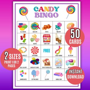 Afdrukbare snoepbingo, 50 snoepbingokaarten, snoepjesbingo, snoepactiviteit, snoepfeestspel, verjaardagsfeestje snoepthema, snoepthema