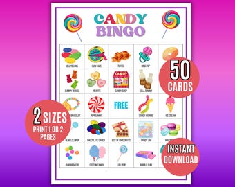 Candy Bingo Printable, 50 Candy Bingo Cards, Sweet Treats Bingo, Candy Activity, Candy Party Game, Candy Themed Birthday Party, Candy Theme