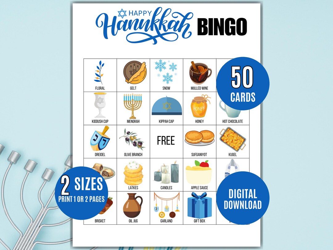 Hanukkah Bingo Game, 50 Printable Bingo Cards, Festival of Lights ...