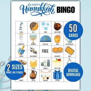 May include: A Hanukkah Bingo game card with a blue and white design. The card features illustrations of traditional Hanukkah symbols and foods, with the words "Happy Hanukkah Bingo" at the top. Includes 50 cards and is available in 2 sizes.