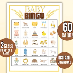 Baby Bingo, 60 Neutral Baby Bingo Cards, Baby Shower Bingo Game, Baby Shower, Baby Shower Activity, Printable Baby Bingo, Gender Neutral