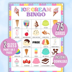 Cartes de bingo à la crème glacée, 75 cartes à imprimer, cartes de bingo social crème glacée, à imprimer pour les enfants, bingo à la crème glacée, crème glacée pour fête d&#39;été, bingo à la crème glacée
