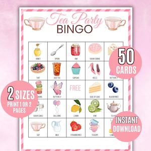 Tea Party Bingo, 50 Tea Party Birthday Printable Tea Party Bingo Cards, Tea Party Game, Tea Party Activity, Birthday or Bridal Shower Bingo