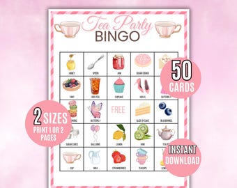 Tea Party Bingo, 50 Tea Party Birthday Printable Tea Party Bingo Cards, Tea Party Game, Tea Party Activity, Birthday or Bridal Shower Bingo