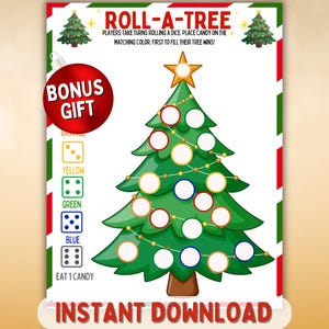 以下が含まれることがあります： 緑のクリスマスツリーのデザインが施された、クリスマスをテーマにしたゲームボード。「Roll-A-Tree」というゲームで、指示とサイコロの色合わせが含まれています。ボードには赤と緑のボーダーがあり、「Bonus Gift」と「Instant Download」の文字が含まれています。