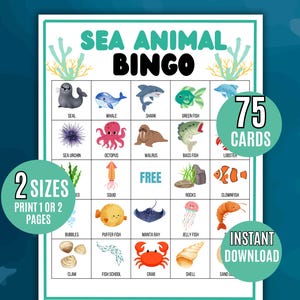 Sea Animal Bingo, 75 Printable Sea Animal Bingo Cards, Sea Animal Party Game, Animal Activity, Animal Birthday Bingo, Sea Animal Bingo Game