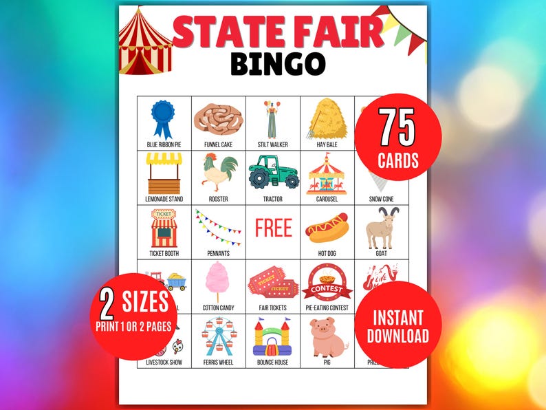 State Fair Bingo Printable, 75 Bingo Cards With Fairground Icons ...
