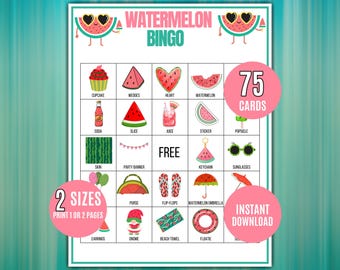 Könnte beinhalten: Eine farbenfrohe Wassermelonen-Bingo-Spielkarte mit verschiedenen Illustrationen zum Thema Wassermelone, darunter Scheiben, Cupcakes und Sonnenbrillen. Die Karte enthält den Text "WATERMELON BINGO" und die Texte "75 KARTEN", "2 GRÖSSEN" und "SOFORT-DOWNLOAD".