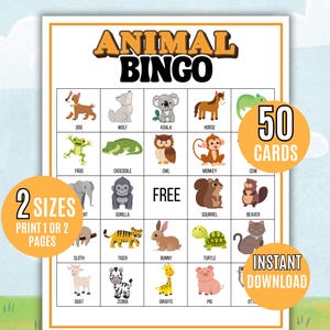 Bingo avec des animaux, 50 cartes de bingo avec animaux à imprimer, jeu de bingo du zoo, activité de bingo, jeu de découverte du zoo, bingo sur le thème des animaux
