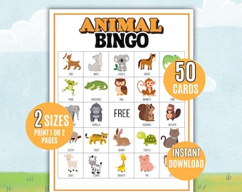 Animal Bingo, 50 Printable Animal Bingo Cards, Kids Printable, Zoo Bingo Game, Bingo Activity, Zoo Field Trip Game, Animal Themed Bingo