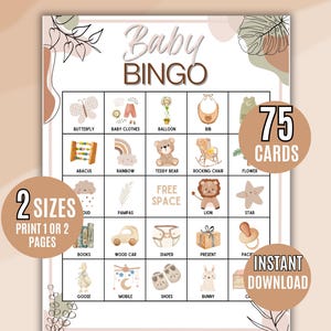 Boho Baby Bingo, 75 Cartões de Bingo Neutro para Bebês, Jogo de Bingo para Chá de Bebê, Atividade para Chá de Bebê, Bingo para Bebês para Imprimir, Gênero Neutro
