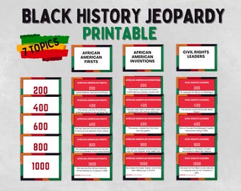 Op de afbeelding: Black History Jeopardy printbaar spelbord met 7 onderwerpen: Afro-Amerikaanse pioniers, Afro-Amerikaanse uitvindingen en leiders van de burgerrechten. Elk onderwerp heeft 5 vragen met puntwaarden van 200, 400, 600, 800 en 1000.