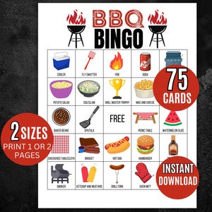 May include: BBQ Bingo game card with illustrations of grilling items like a cooler, spatula, and hot dog. The card includes the text "BBQ Bingo", "75 Cards", "2 Sizes", and "Instant Download".