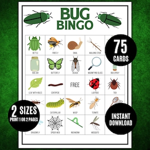 Bug Bingo Game: 75 Unique Printable Cards, Nature Activity (Digital Download)