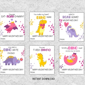 Dinosaur Kids Valentines Cards Printable, Classroom gifts, Girl Valentine Cards, Preschool Valentines, School Valentines Day Tags, daycare