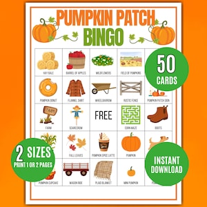 May include: A colorful Pumpkin Patch Bingo game card with illustrations of pumpkins, hay bales, and fall-themed items. Includes the text "Pumpkin Patch Bingo", "50 Cards", "2 Sizes", and "Instant Download".