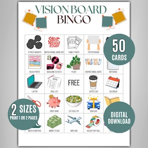 May include: Vision Board Bingo game with various themed images, including fitness weights, a laptop, and a piggy bank. The game includes 50 cards and is available in 2 sizes. The words "Digital Download" are also visible.
