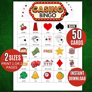 May include: Casino Bingo game card with various casino-themed images and text. The card includes images of cherries, playing cards, dice, and more. The text includes "Casino Bingo", "50 Cards", "2 Sizes", and "Instant Download".