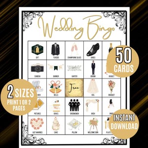 Tarjetas de bingo para bodas, 50 tarjetas de bingo negras y doradas para bodas, idea de juego para bodas, juego de bingo para despedidas de soltera, juego de recepción de bodas, juego de bingo