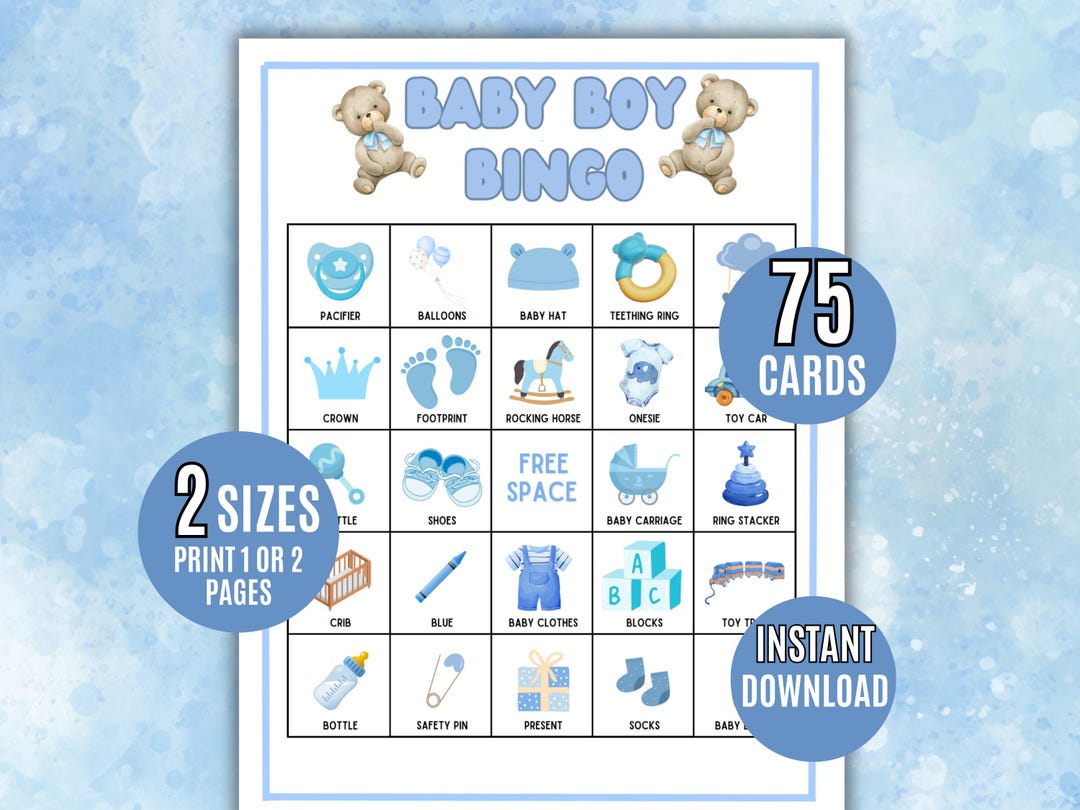 Baby Boy Bingo, 75 Baby Boy Bingo Game Cards, Baby Shower Bingo Game ...