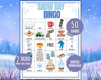 Schnee Tag Bingo Spiel, 50 druckbare Winter Bingo Karten, Indoor Kinder Aktivität, Familien Schnee Tag Spaß, Klassenzimmer Winter druckbar, gemütliches Schnee Spiel