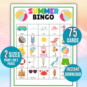 Zomerbingo, 75 afdrukbare stranddag bingokaarten, afdrukbaar voor kinderen, zomerfeestspel, bingoactiviteit, zomerspel, zomervakantiebingo