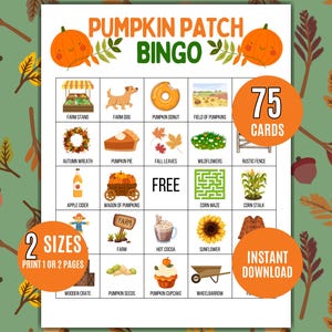 Puede incluir: Una colorida hoja de juego de Bingo de Pumpkin Patch con ilustraciones de calabazas, artículos de otoño y el texto "Pumpkin Patch Bingo". Incluye 75 cartas y está disponible en 2 tamaños. Presenta las palabras "Descarga instantánea".